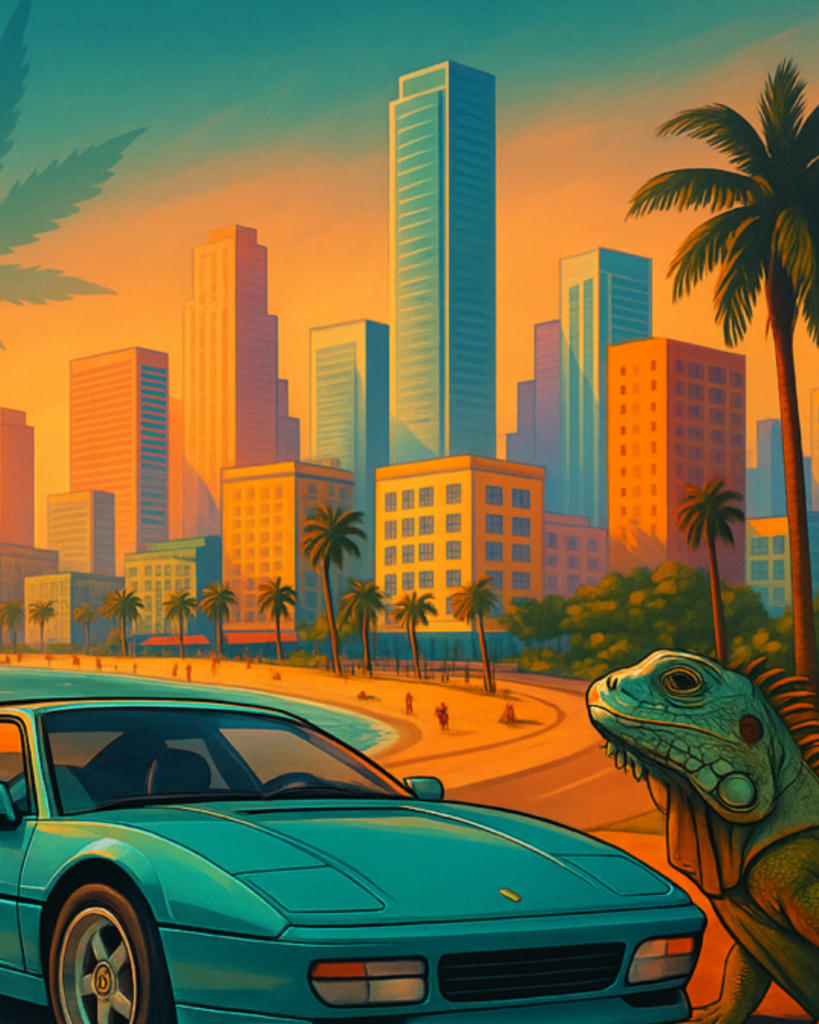 Imagen de ciudad, coche e iguana